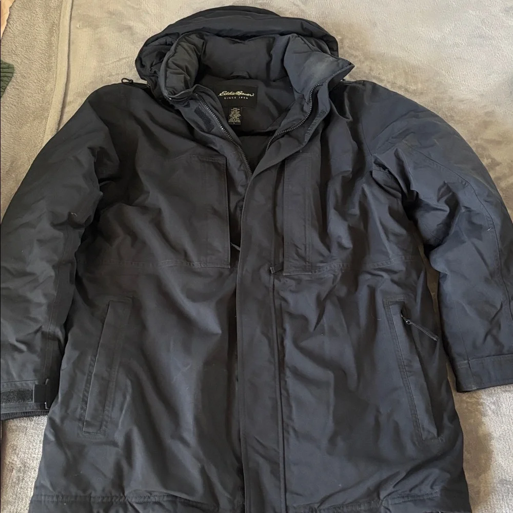 Eddie Bouer Men's Black‎ Removable Hoodie Goose Down Winter Coat Jacket Size L